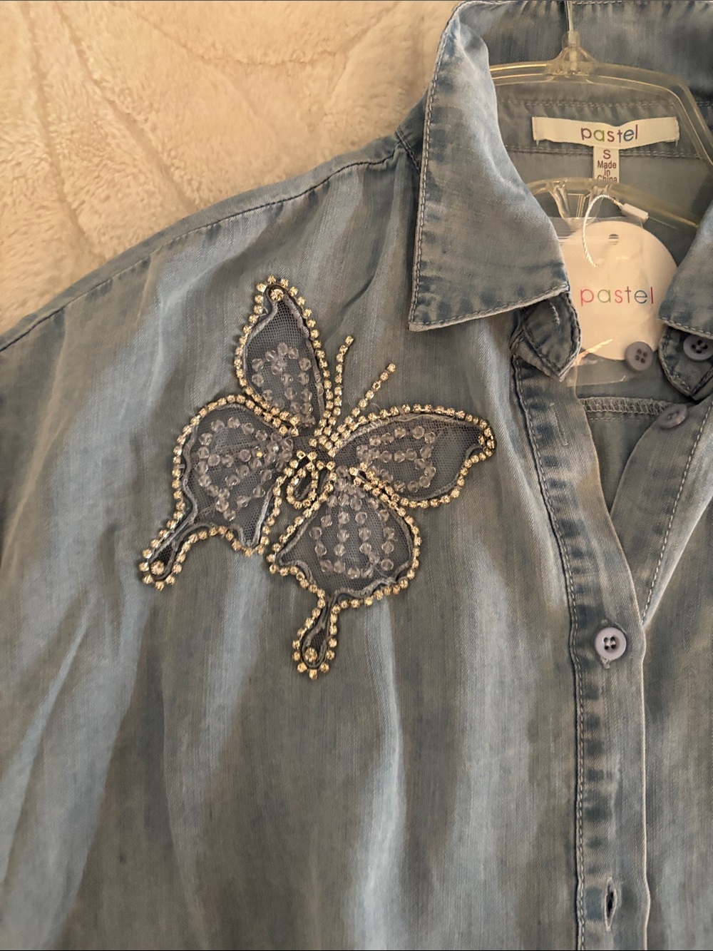 BUTTERFLY RHINESTONE BUTTON UP DENIM SHIRT